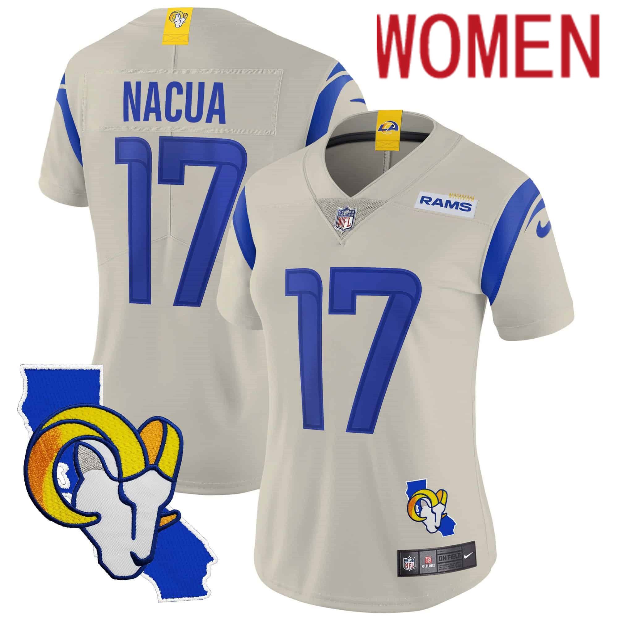 Women Los Angeles Rams 17 Nacua Cream 2024 Nike California Patch Vapor Limited NFL Jersey
